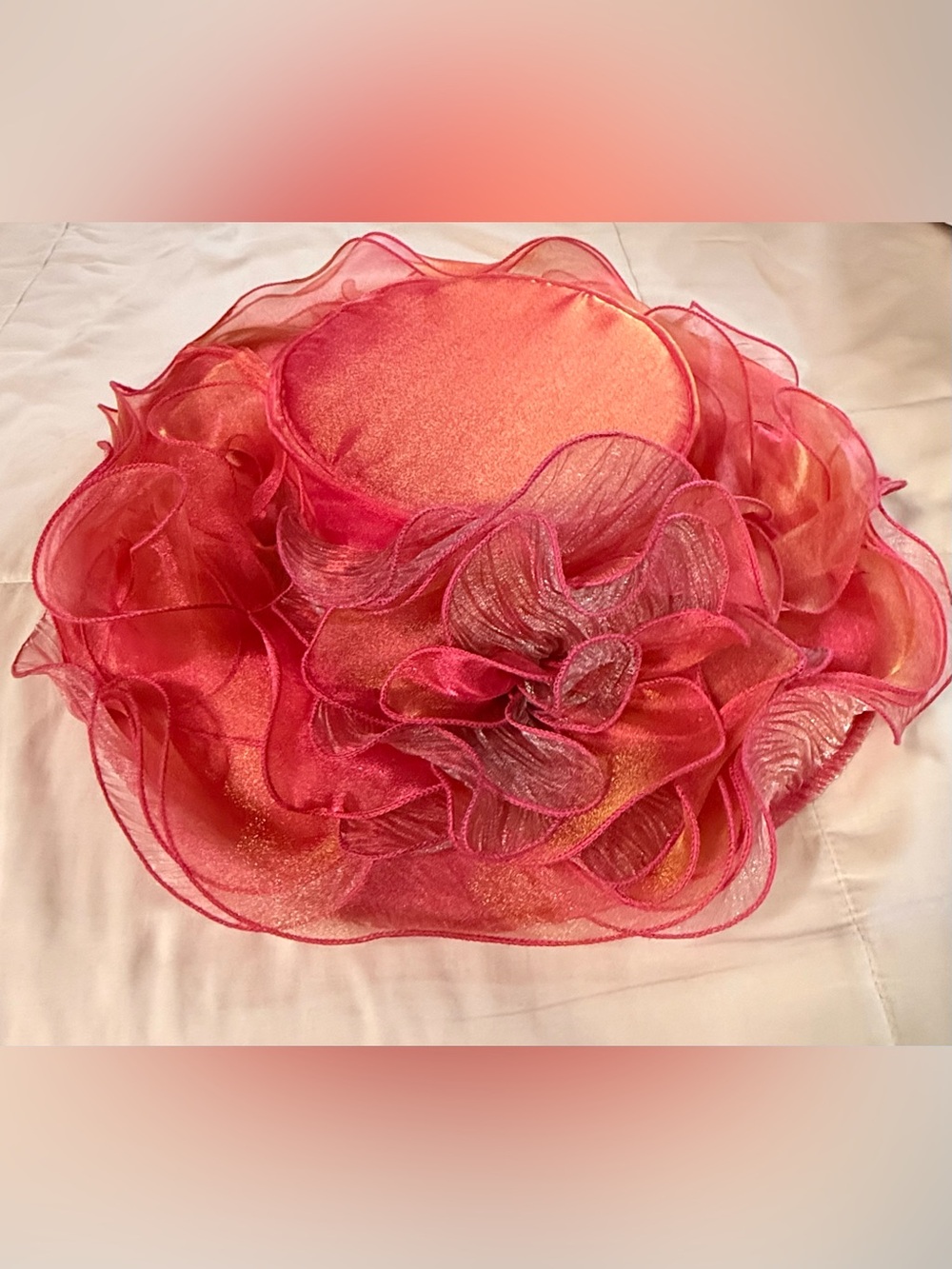 Elegant Coral Organza Wide Brim Church Derby Hat Floral Accent